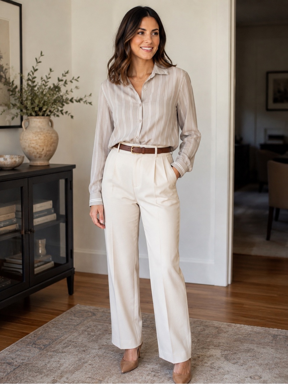 Old Navy Beige and White Vertical Stripe Blouse